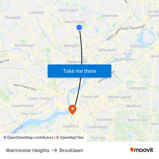 Warminster Heights to Brooklawn map