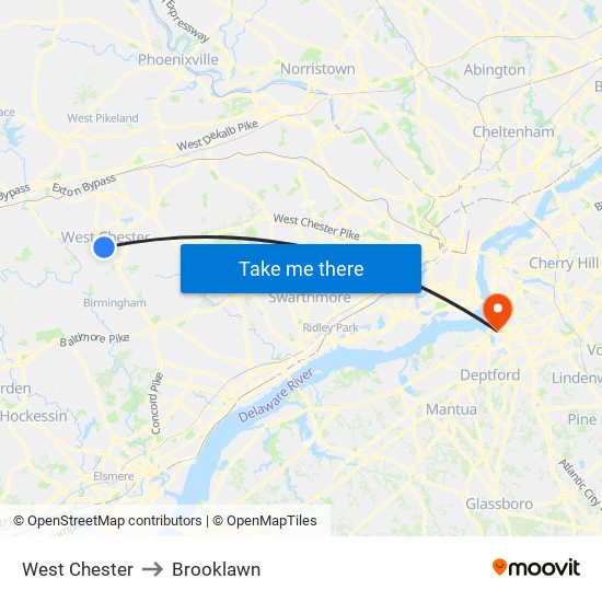 West Chester to Brooklawn map
