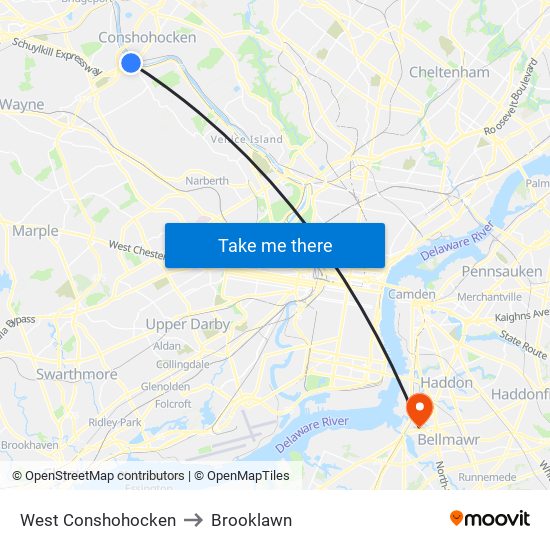 West Conshohocken to Brooklawn map