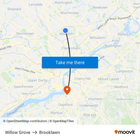 Willow Grove to Brooklawn map