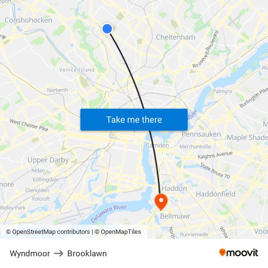 Wyndmoor to Brooklawn map