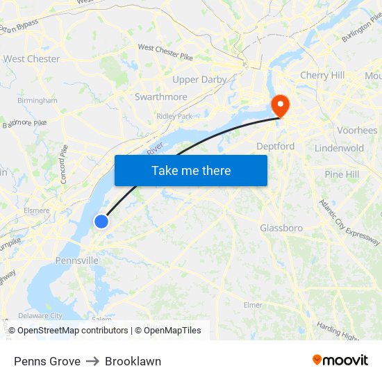 Penns Grove to Brooklawn map