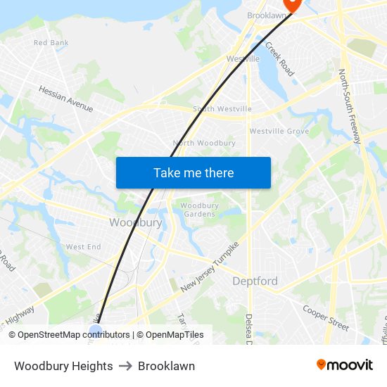 Woodbury Heights to Brooklawn map