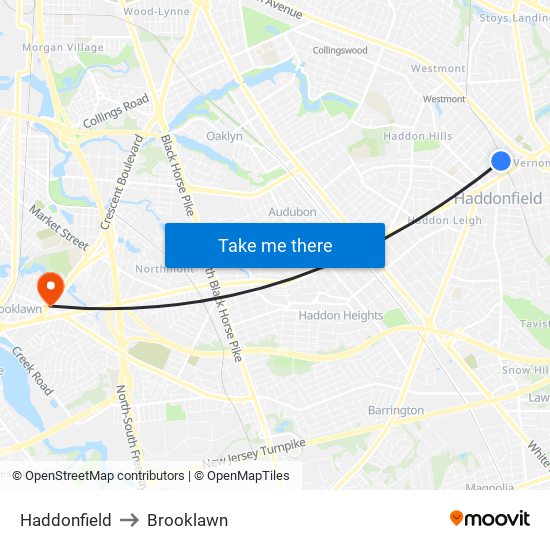 Haddonfield to Brooklawn map