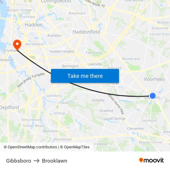 Gibbsboro to Brooklawn map