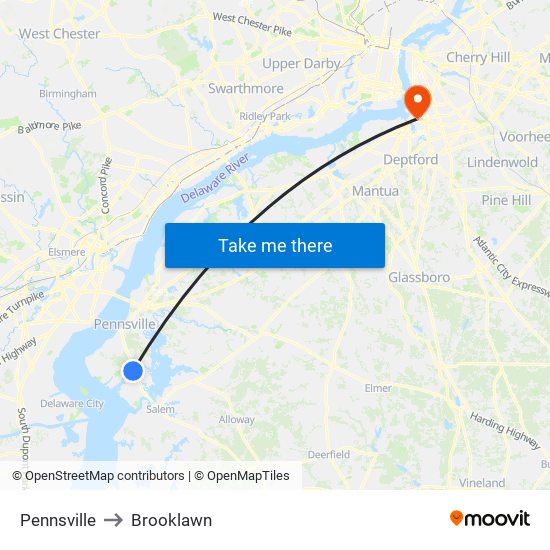 Pennsville to Brooklawn map