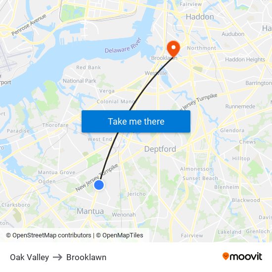 Oak Valley to Brooklawn map