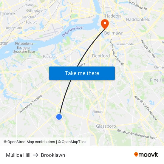 Mullica Hill to Brooklawn map