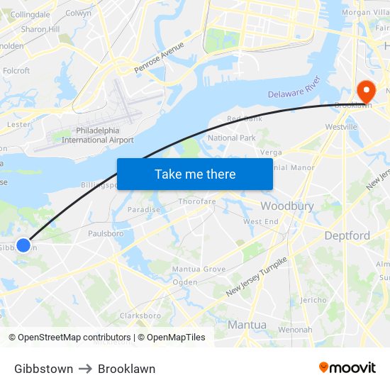 Gibbstown to Brooklawn map