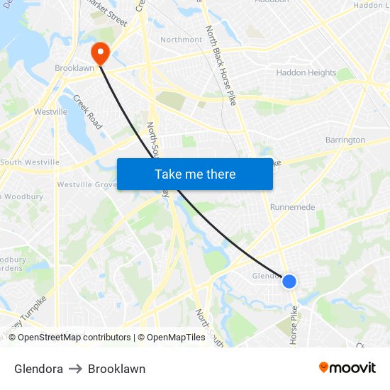 Glendora to Brooklawn map