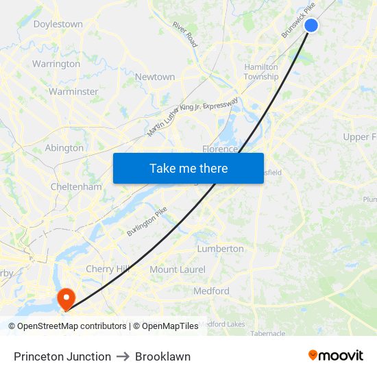 Princeton Junction to Brooklawn map