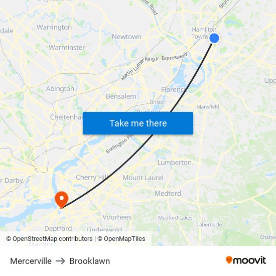 Mercerville to Brooklawn map