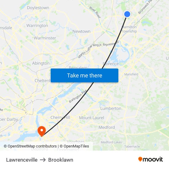 Lawrenceville to Brooklawn map