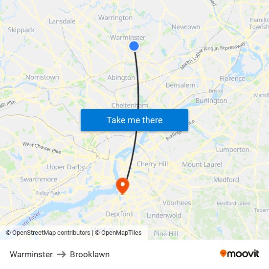 Warminster to Brooklawn map