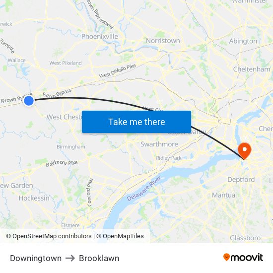 Downingtown to Brooklawn map