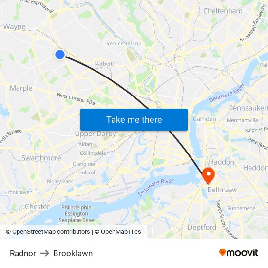 Radnor to Brooklawn map