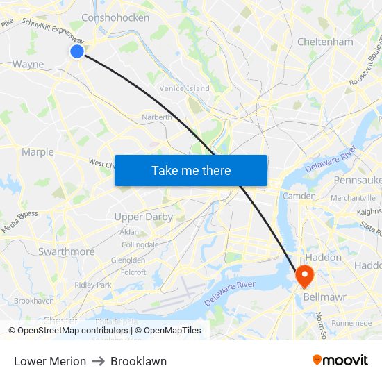 Lower Merion to Brooklawn map