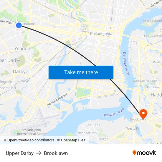 Upper Darby to Brooklawn map