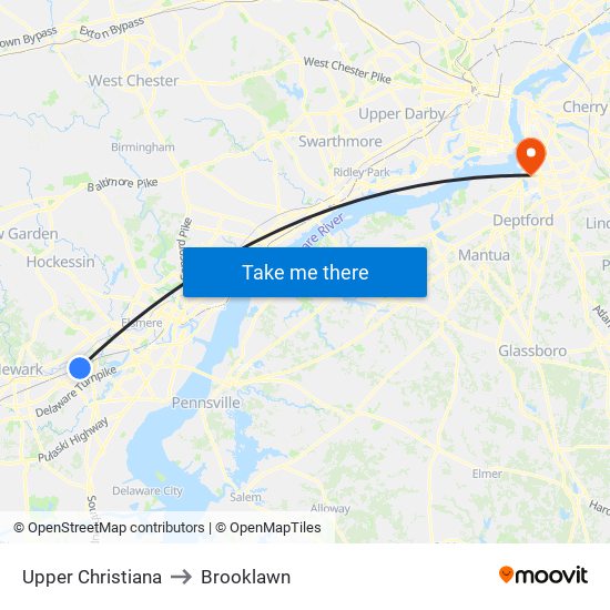 Upper Christiana to Brooklawn map