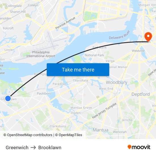 Greenwich to Brooklawn map
