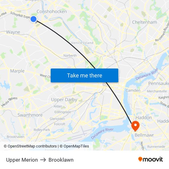 Upper Merion to Brooklawn map