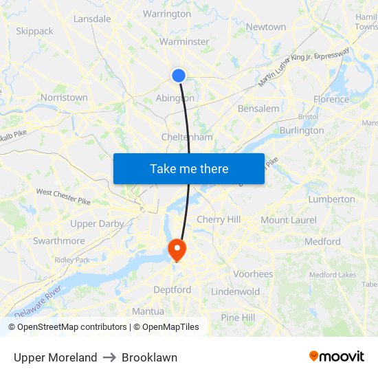 Upper Moreland to Brooklawn map
