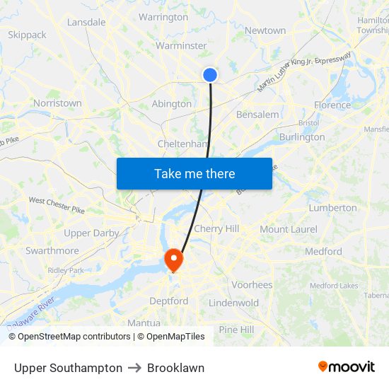 Upper Southampton to Brooklawn map