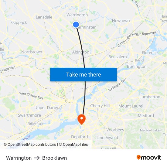 Warrington to Brooklawn map