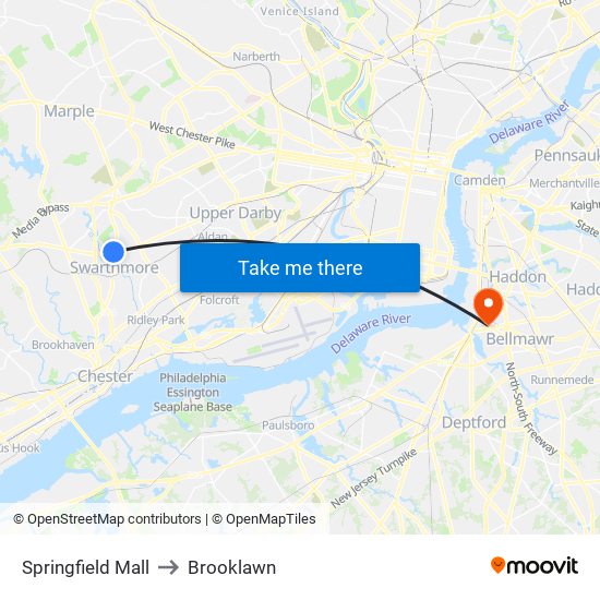 Springfield Mall to Brooklawn map