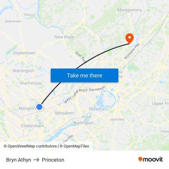 Bryn Athyn to Princeton map