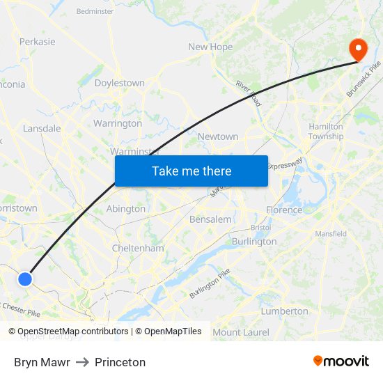 Bryn Mawr to Princeton map