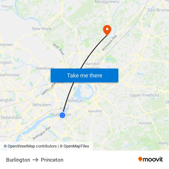 Burlington to Princeton map