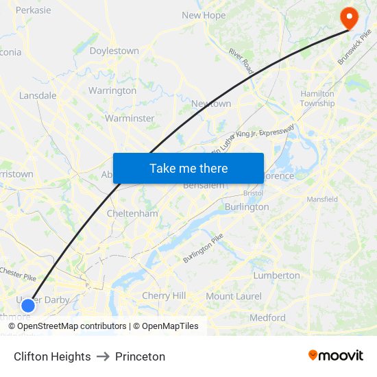 Clifton Heights to Princeton map