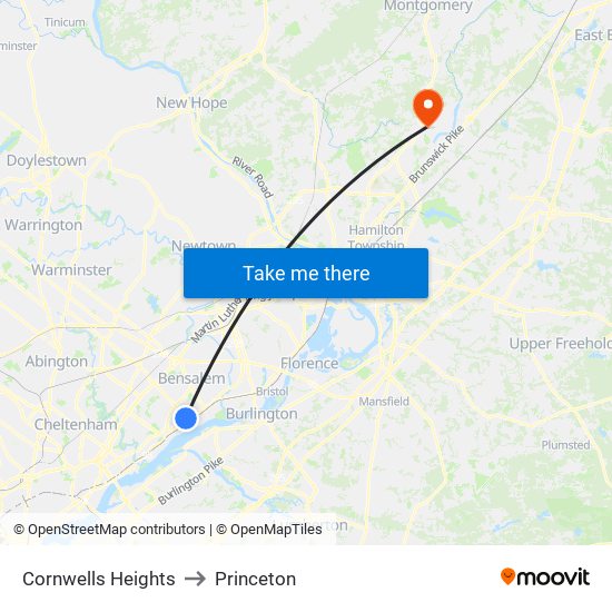 Cornwells Heights to Princeton map