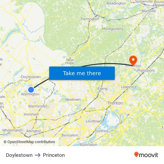 Doylestown to Princeton map