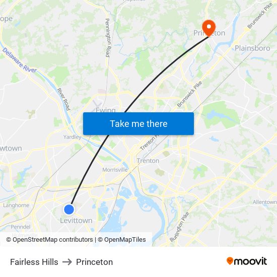 Fairless Hills to Princeton map