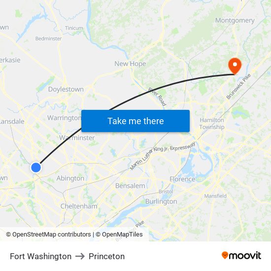 Fort Washington to Princeton map