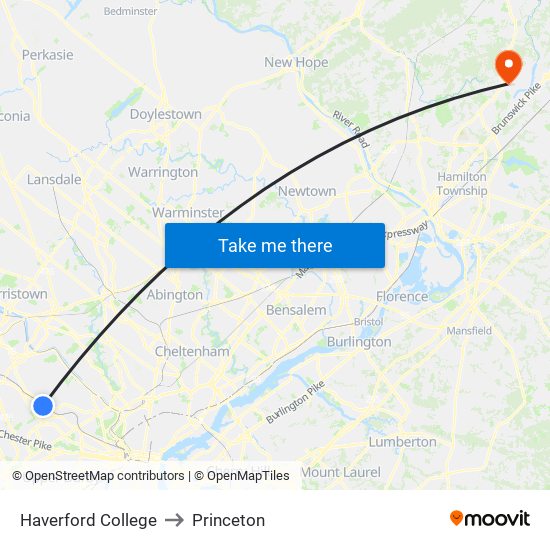Haverford College to Princeton map
