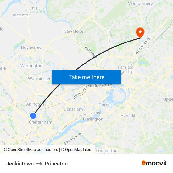 Jenkintown to Princeton map