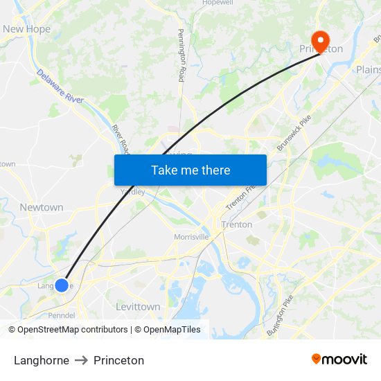 Langhorne to Princeton map