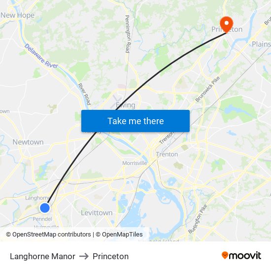 Langhorne Manor to Princeton map