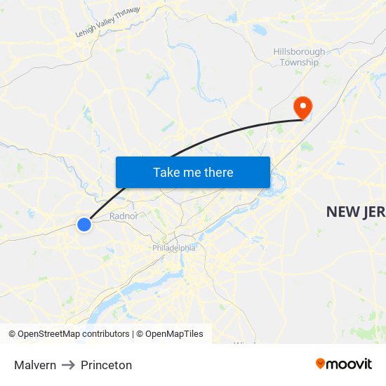 Malvern to Princeton map