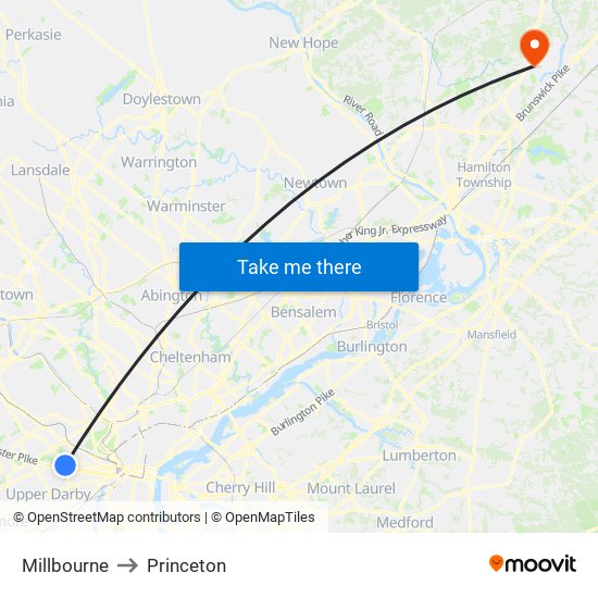 Millbourne to Princeton map