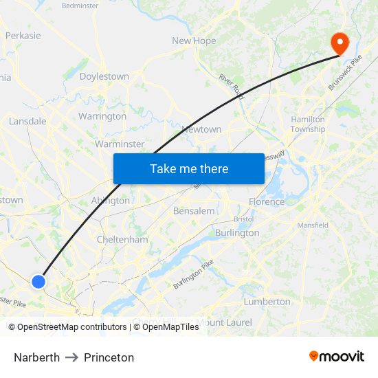 Narberth to Princeton map
