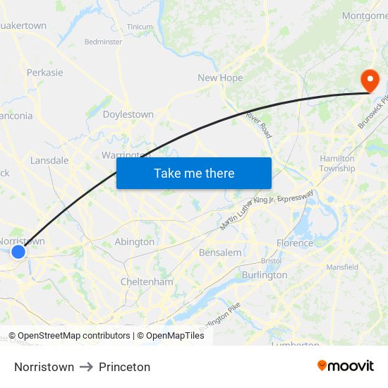 Norristown to Princeton map