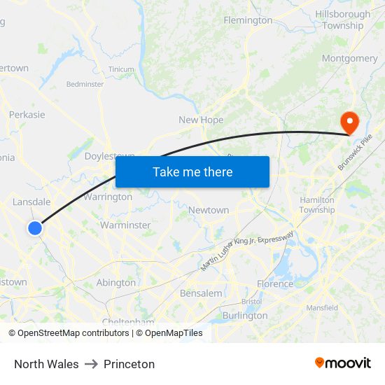 North Wales to Princeton map