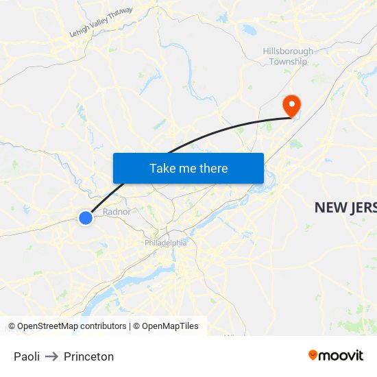 Paoli to Princeton map