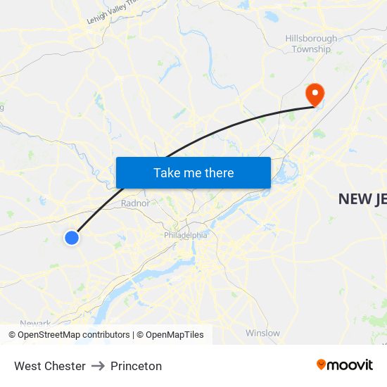 West Chester to Princeton map