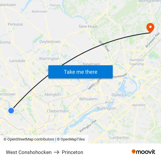 West Conshohocken to Princeton map