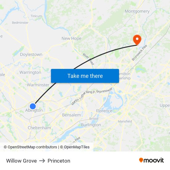 Willow Grove to Princeton map